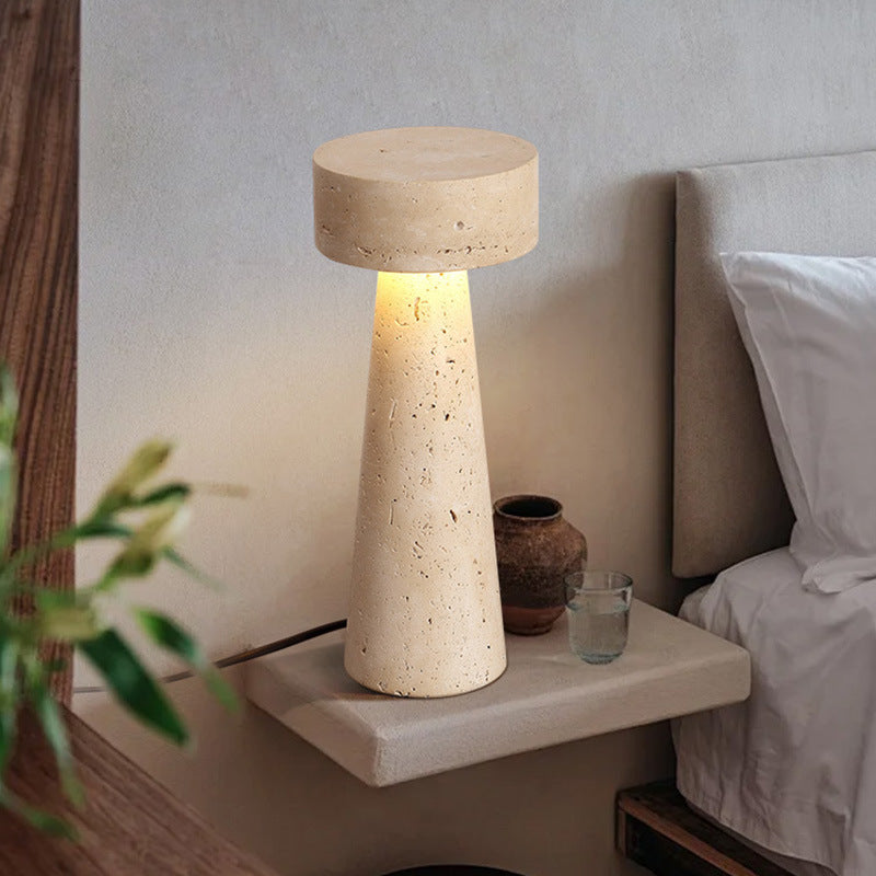 Traditional Japanese Round Cone Yellow Travertine LED Table Lamp For Bedroom Lumendat