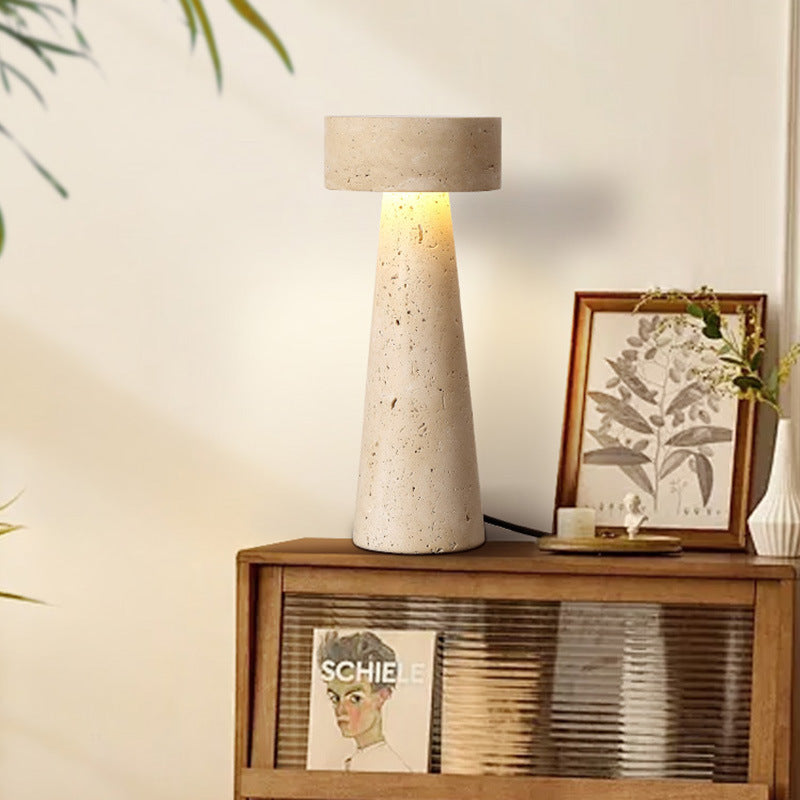 Traditional Japanese Round Cone Yellow Travertine LED Table Lamp For Bedroom Lumendat