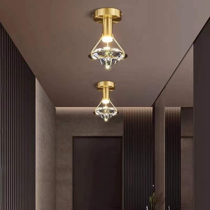 Modern Luxury Diamond Cone Cylinder Iron Crystal LED Semi-Flush Mount Ceiling Light For Bedroom