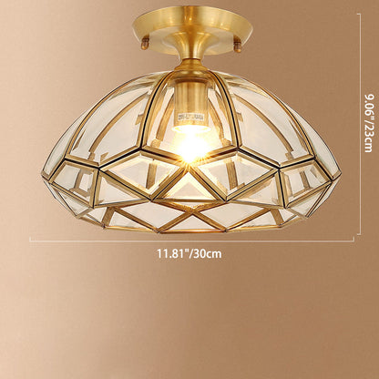 Traditional Vintage Diamond Cone Copper Glass 1-light Semi-flush Mount Ceiling Light for Hallway