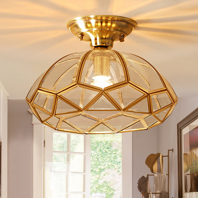 Traditional Vintage Diamond Cone Copper Glass 1-light Semi-flush Mount Ceiling Light for Hallway