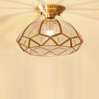 Traditional Vintage Diamond Cone Copper Glass 1-light Semi-flush Mount Ceiling Light for Hallway