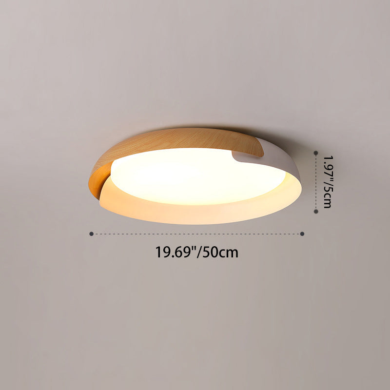 Modern Minimalist Wood Art Round Iron Acrylic LED Flush Mount Ceiling Light for Bedroom