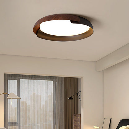 Modern Minimalist Wood Art Round Iron Acrylic LED Flush Mount Ceiling Light for Bedroom