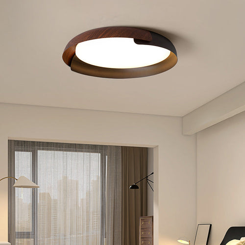 Modern Minimalist Wood Art Round Iron Acrylic LED Flush Mount Ceiling Light for Bedroom