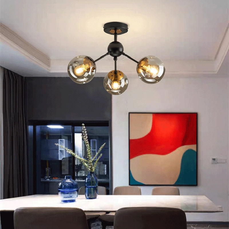 Contemporary Nordic Round Orb Iron Glass 1/3/5 Light Semi-flush Mount Ceiling Light for Hallway