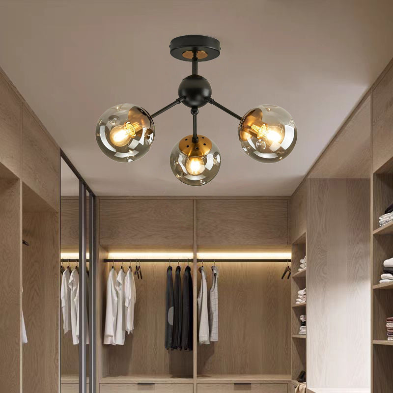 Contemporary Nordic Round Orb Iron Glass 1/3/5 Light Semi-flush Mount Ceiling Light for Hallway