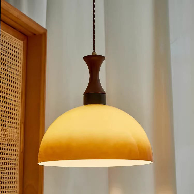 Contemporary Scandinavian Cream Round Cone Solid Wood Glass 1-Light Pendant Light For Dining Room