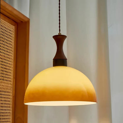 Contemporary Scandinavian Cream Round Cone Solid Wood Glass 1-Light Pendant Light For Dining Room