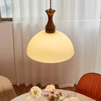 Contemporary Scandinavian Cream Round Cone Solid Wood Glass 1-Light Pendant Light For Dining Room