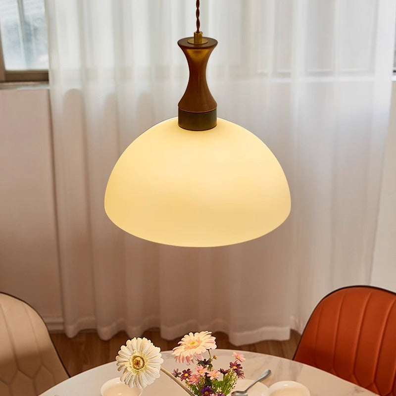 Contemporary Scandinavian Cream Round Cone Solid Wood Glass 1-Light Pendant Light For Dining Room