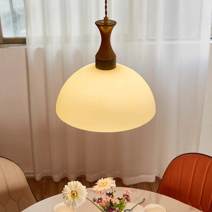 Contemporary Scandinavian Cream Round Cone Solid Wood Glass 1-Light Pendant Light For Dining Room