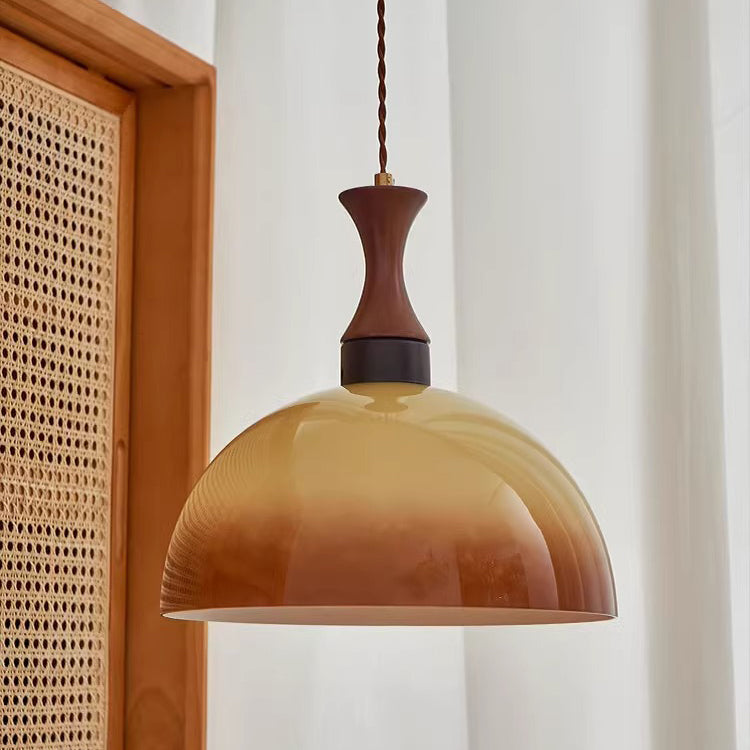 Contemporary Scandinavian Cream Round Cone Solid Wood Glass 1-Light Pendant Light For Dining Room