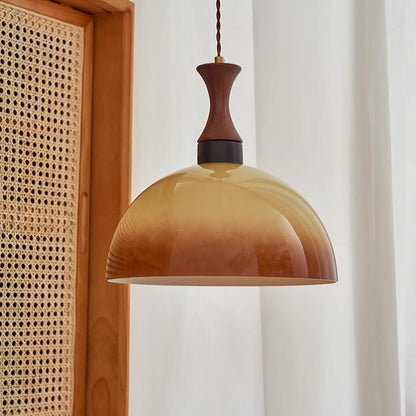 Contemporary Scandinavian Cream Round Cone Solid Wood Glass 1-Light Pendant Light For Dining Room