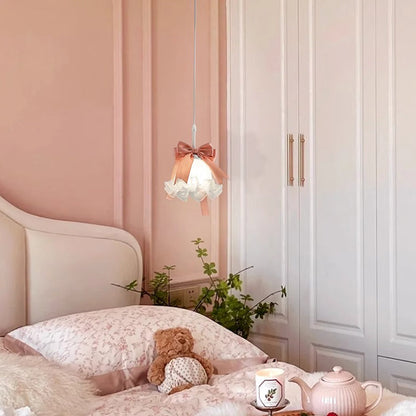 Traditional French Cream Girl Bow Round Iron Glass 1-Light Pendant Light For Bedroom
