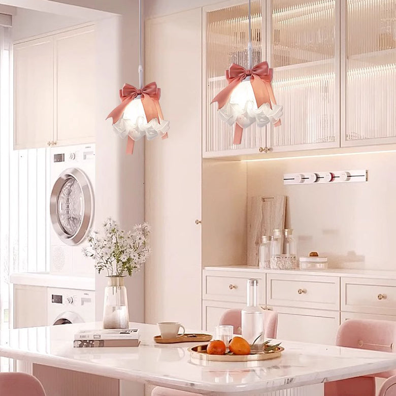 Traditional French Cream Girl Bow Round Iron Glass 1-Light Pendant Light For Bedroom