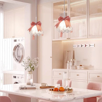 Traditional French Cream Girl Bow Round Iron Glass 1-Light Pendant Light For Bedroom