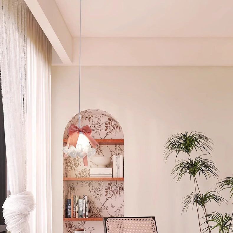 Traditional French Cream Girl Bow Round Iron Glass 1-Light Pendant Light For Bedroom