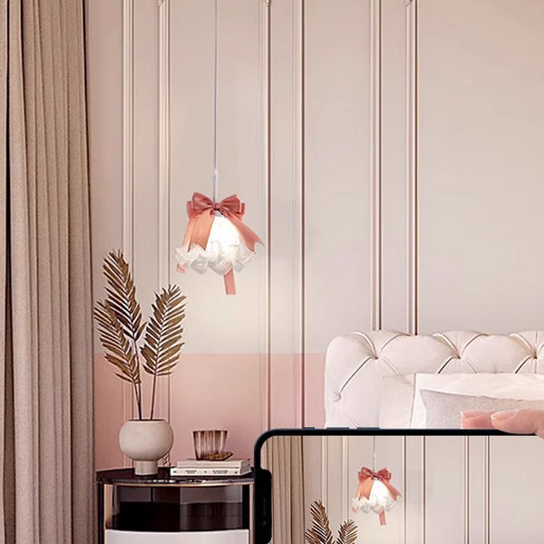 Traditional French Cream Girl Bow Round Iron Glass 1-Light Pendant Light For Bedroom