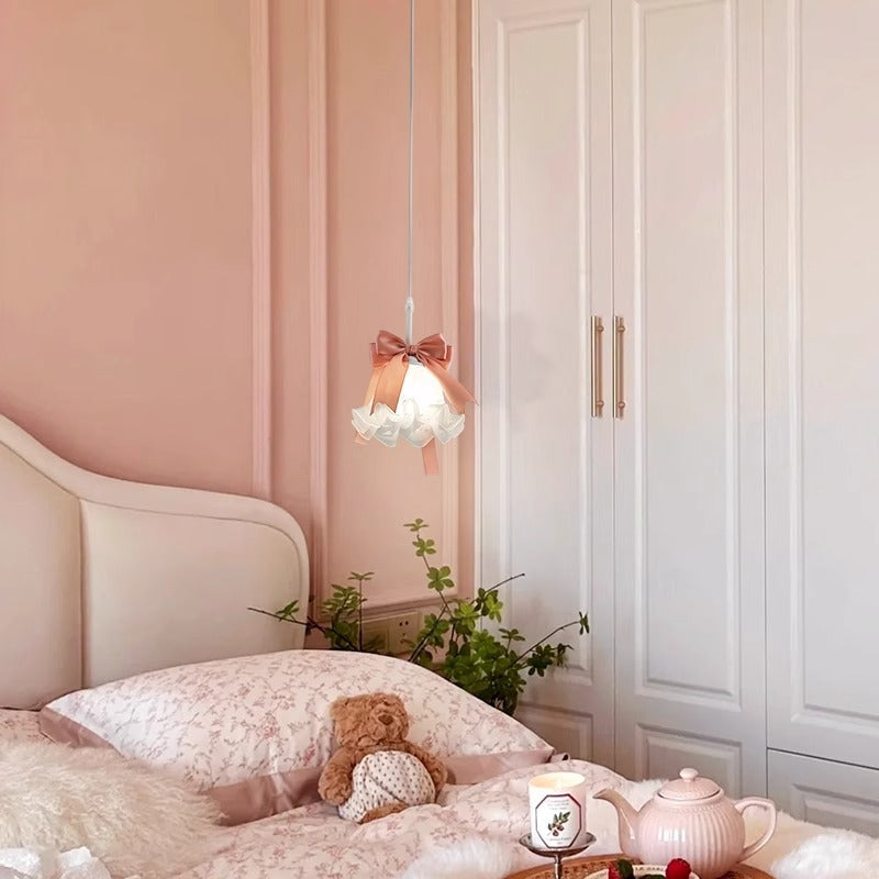 Traditional French Cream Girl Bow Round Iron Glass 1-Light Pendant Light For Bedroom