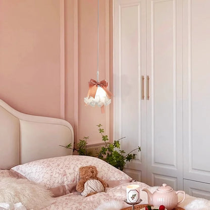 Traditional French Cream Girl Bow Round Iron Glass 1-Light Pendant Light For Bedroom