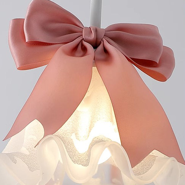 Traditional French Cream Girl Bow Round Iron Glass 1-Light Pendant Light For Bedroom