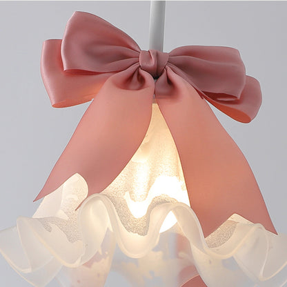 Traditional French Cream Girl Bow Round Iron Glass 1-Light Pendant Light For Bedroom