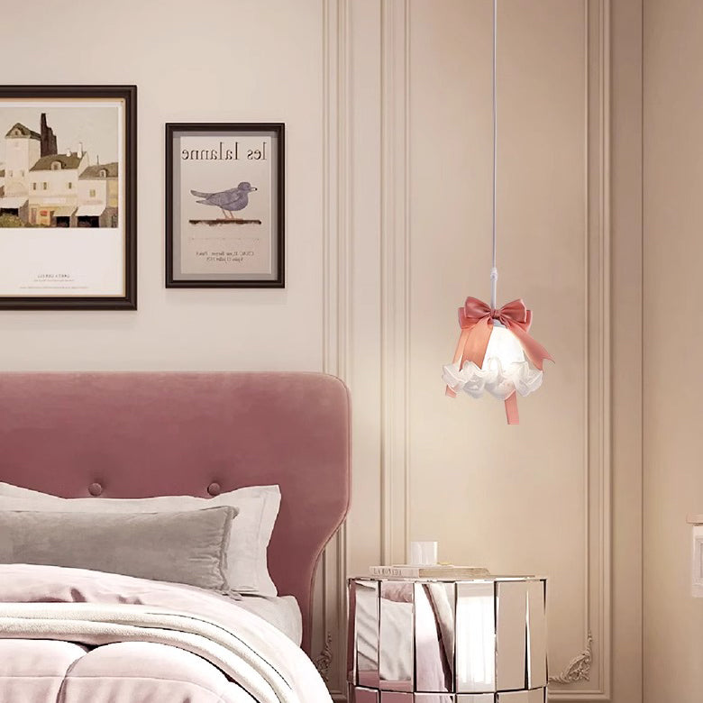 Traditional French Cream Girl Bow Round Iron Glass 1-Light Pendant Light For Bedroom
