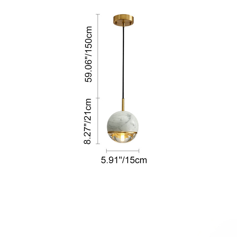 Contemporary Scandinavian Round Orb Copper Marble Glass 1-Light Pendant Light For Bedroom