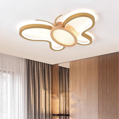 Contemporary Creative Kids Butterfly Shape Hardware Acrylic Rubberwood LED Flush Mount Ceiling Light For Bedroom
