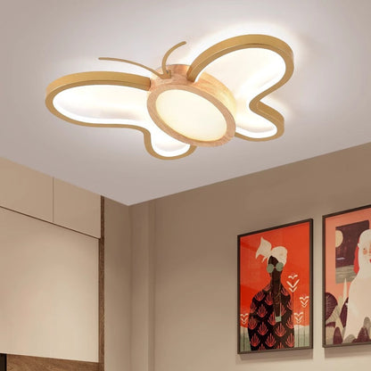 Contemporary Creative Kids Butterfly Shape Hardware Acrylic Rubberwood LED Flush Mount Ceiling Light For Bedroom