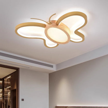 Contemporary Creative Kids Butterfly Shape Hardware Acrylic Rubberwood LED Flush Mount Ceiling Light For Bedroom