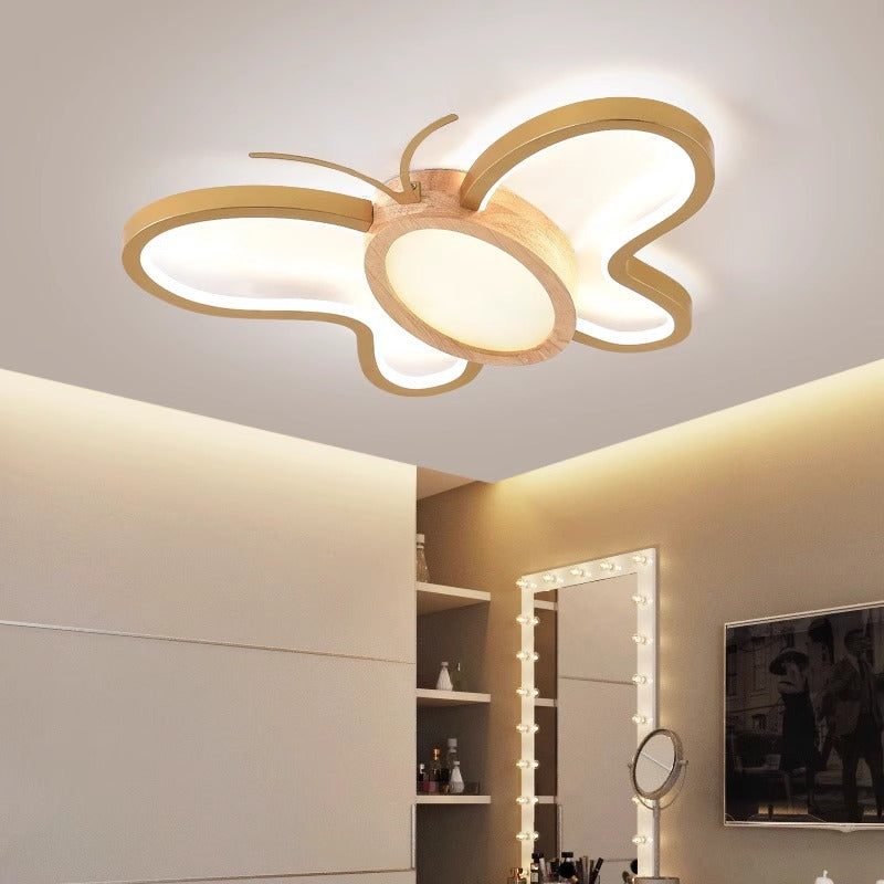Contemporary Creative Kids Butterfly Shape Hardware Acrylic Rubberwood LED Flush Mount Ceiling Light For Bedroom