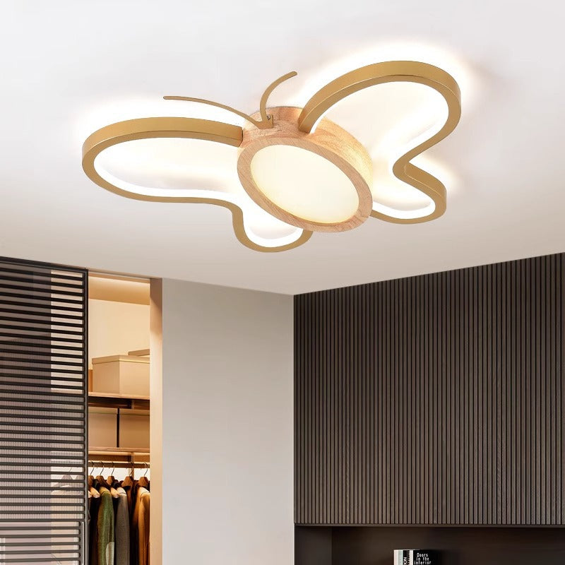 Contemporary Creative Kids Butterfly Shape Hardware Acrylic Rubberwood LED Flush Mount Ceiling Light For Bedroom