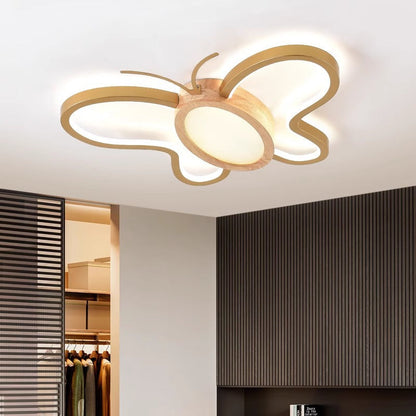 Contemporary Creative Kids Butterfly Shape Hardware Acrylic Rubberwood LED Flush Mount Ceiling Light For Bedroom