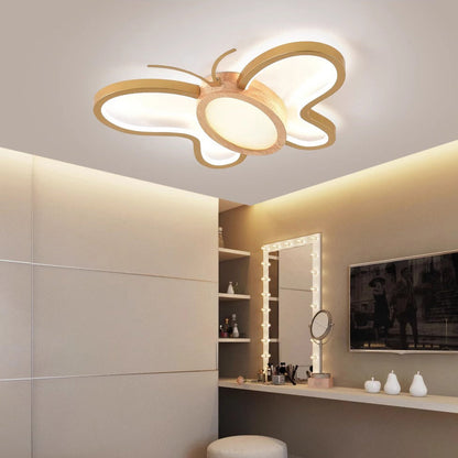 Contemporary Creative Kids Butterfly Shape Hardware Acrylic Rubberwood LED Flush Mount Ceiling Light For Bedroom