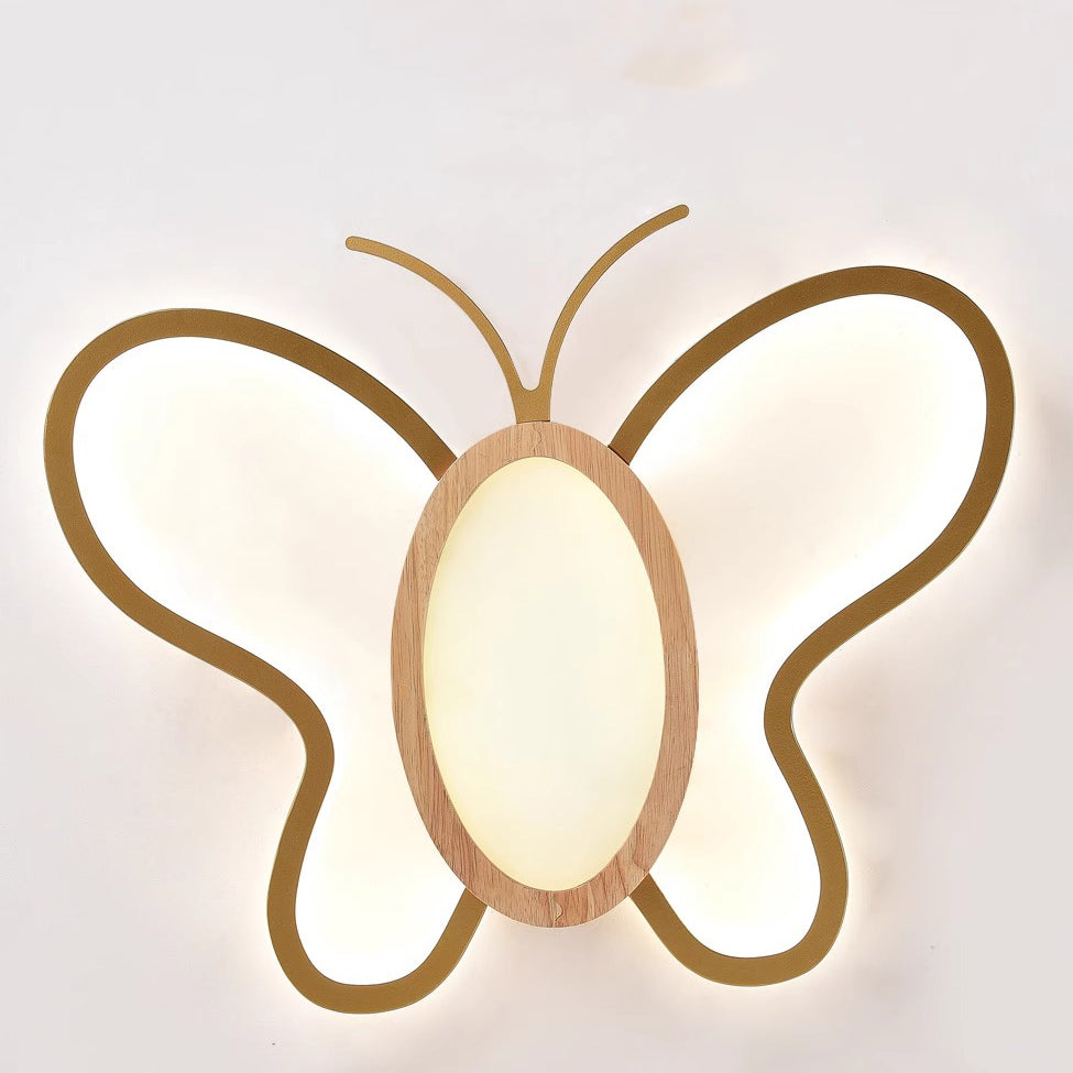 Contemporary Creative Kids Butterfly Shape Hardware Acrylic Rubberwood LED Flush Mount Ceiling Light For Bedroom