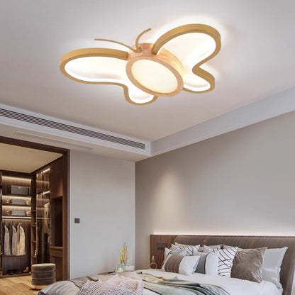 Contemporary Creative Kids Butterfly Shape Hardware Acrylic Rubberwood LED Flush Mount Ceiling Light For Bedroom