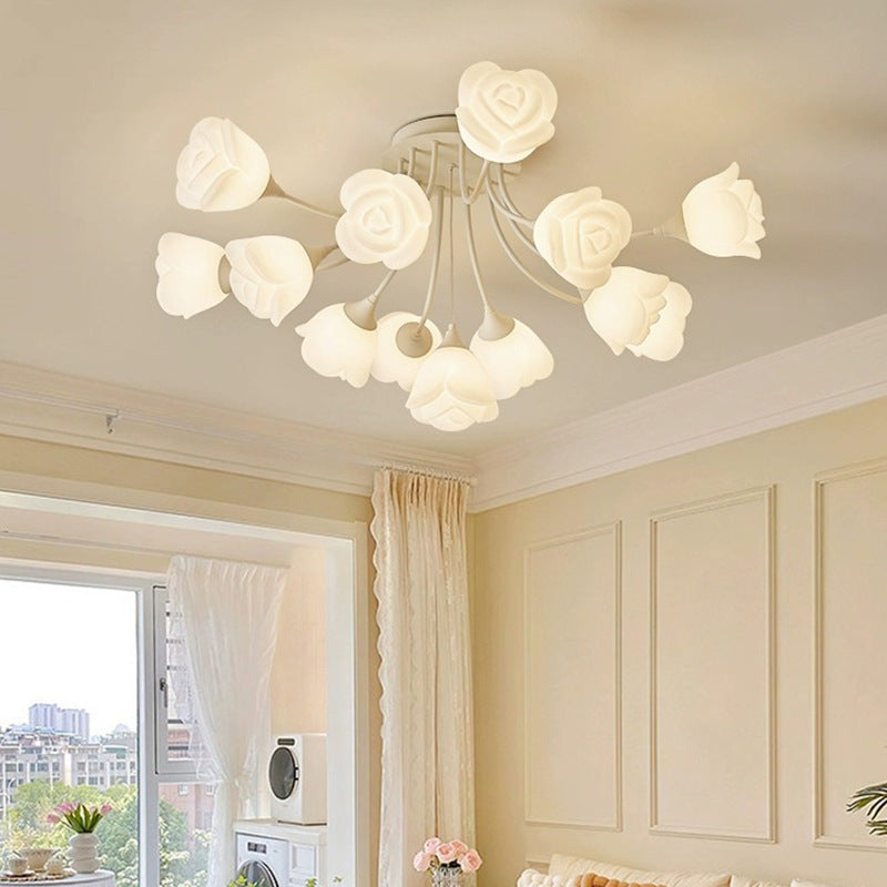 Modern Art Deco Cream Round Rose Iron Rotational Molding 7/11/13 Light Semi-flush Mount Ceiling Light for Bedroom