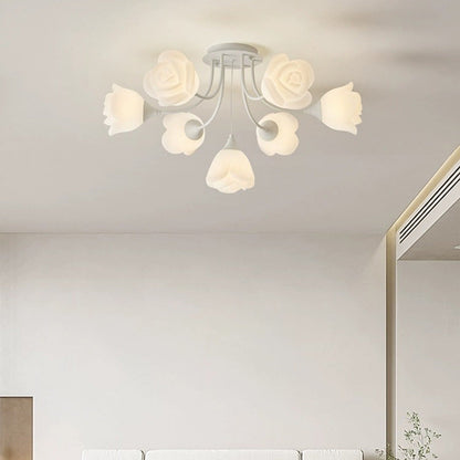 Modern Art Deco Cream Round Rose Iron Rotational Molding 7/11/13 Light Semi-flush Mount Ceiling Light for Bedroom