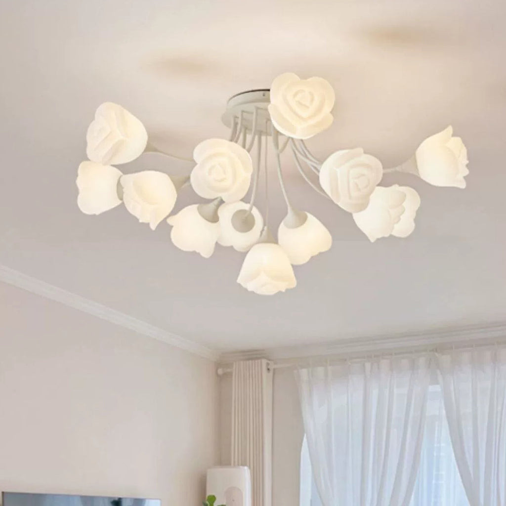 Modern Art Deco Cream Round Rose Iron Rotational Molding 7/11/13 Light Semi-flush Mount Ceiling Light for Bedroom