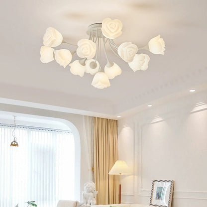 Modern Art Deco Cream Round Rose Iron Rotational Molding 7/11/13 Light Semi-flush Mount Ceiling Light for Bedroom
