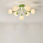 Modern Art Deco Cream Round Rose Iron Rotational Molding 7/11/13 Light Semi-flush Mount Ceiling Light for Bedroom