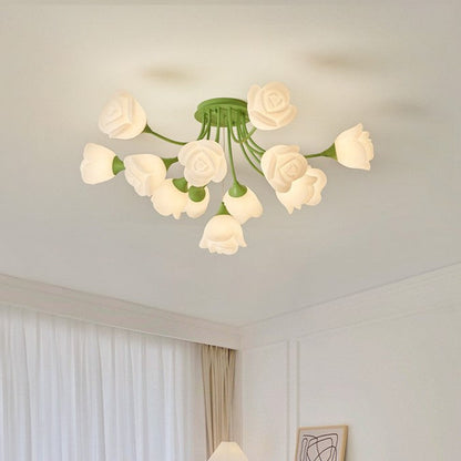 Modern Art Deco Cream Round Rose Iron Rotational Molding 7/11/13 Light Semi-flush Mount Ceiling Light for Bedroom