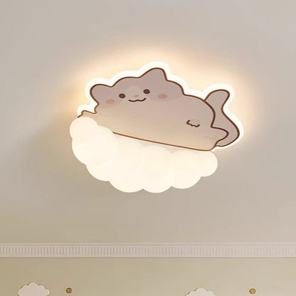 Contemporary Creative Kids Cream Dog Cat Panda Cloud PE Iron LED Flush Mount Ceiling Light For Bedroom
