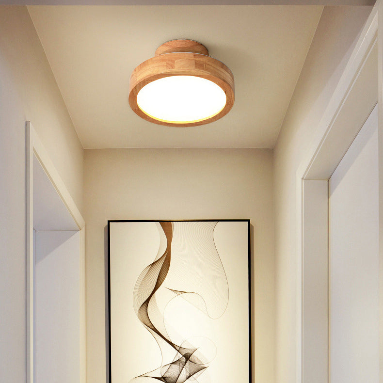 Modern Minimalist Round Dome Wood Acrylic LED Flush Mount Ceiling Light For Bedroom