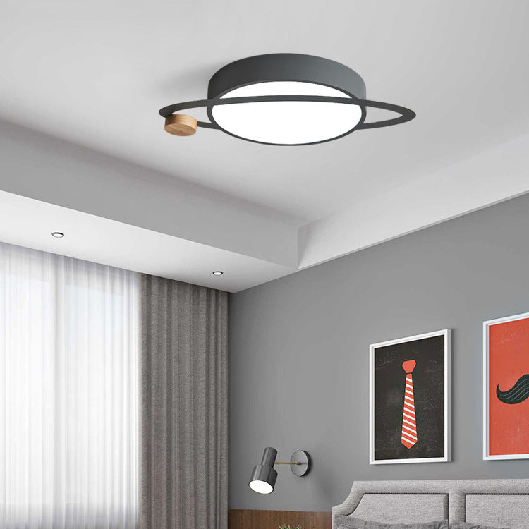 Contemporary Creative Planet Round Iron Rubberwood Acrylic LED Flush Mount Ceiling Light For Bedroom