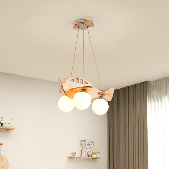 Lumendat Contemporary Creative Kids Cartoon Airplane Orb Wood Iron Glass 3-Light Chandelier For Bedroom Lumendat