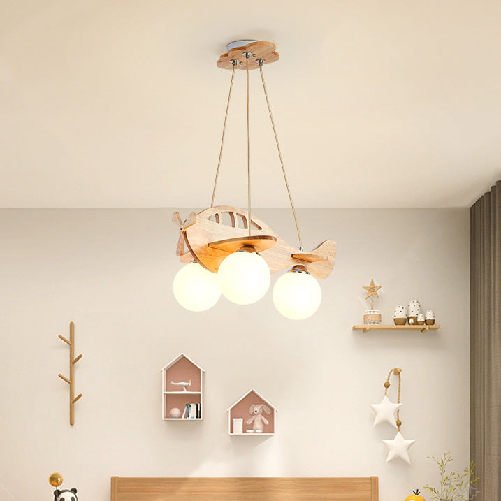 Lumendat Contemporary Creative Kids Cartoon Airplane Orb Wood Iron Glass 3-Light Chandelier For Bedroom Lumendat
