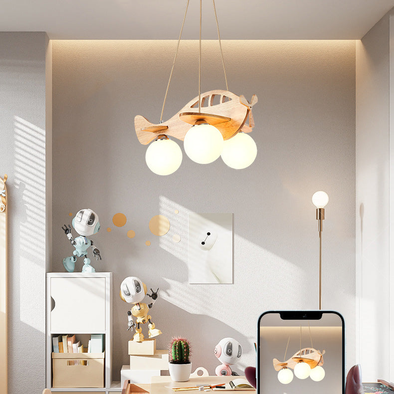 Lumendat Contemporary Creative Kids Cartoon Airplane Orb Wood Iron Glass 3-Light Chandelier For Bedroom Lumendat